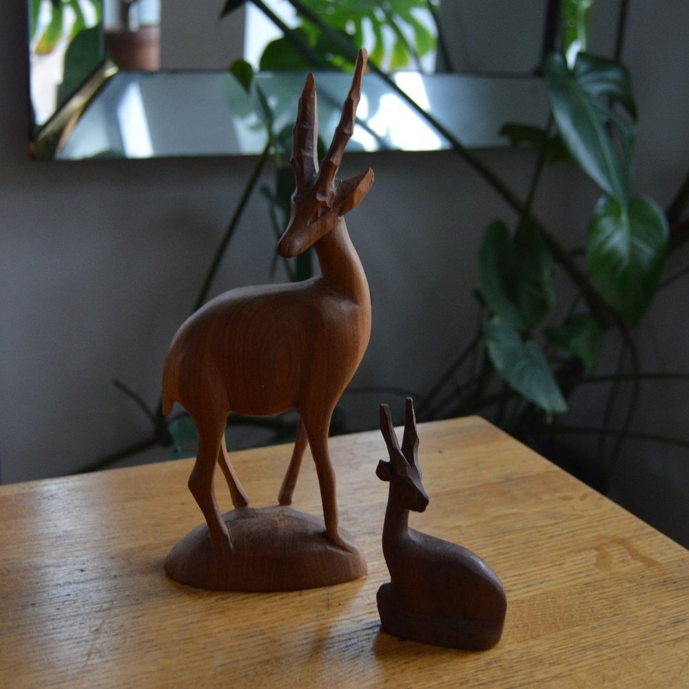 Set of 2 Vintage Wooden Hand Carved Wooden Gazelles